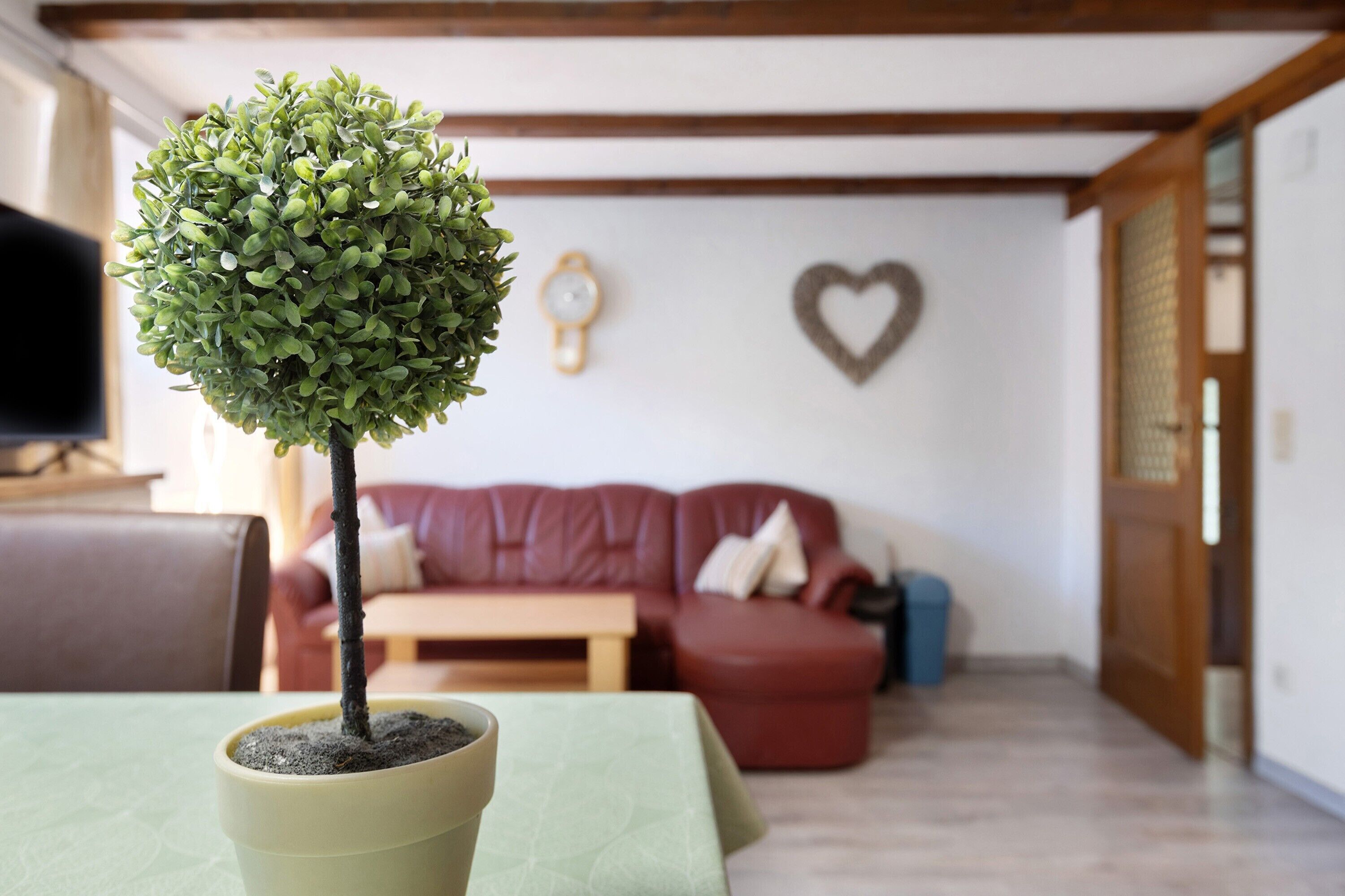 Ein Wohnzimmer mit Topfpflanze, einer Couch, einer herzförmigen Wanddekoration und einer Holzbalkendecke.