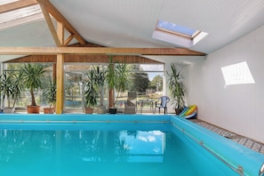Una piscina interior con paredes de vidrio transparente, vigas de madera y plantas en macetas.