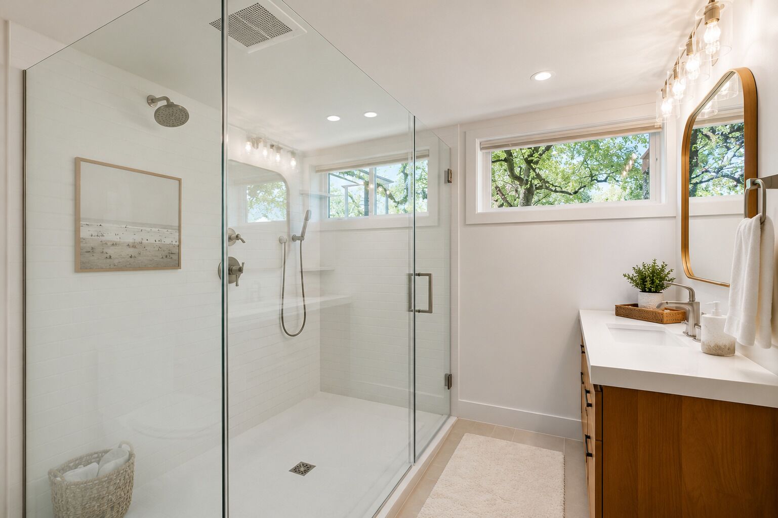 A modern bathroom with a glass-enclosed shower, a wooden vanity, a large mirror, and a window with a view of trees.