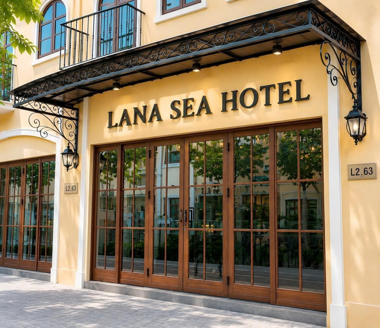 The exterior of Lana Sea Hotel with large glass doors and a balcony.