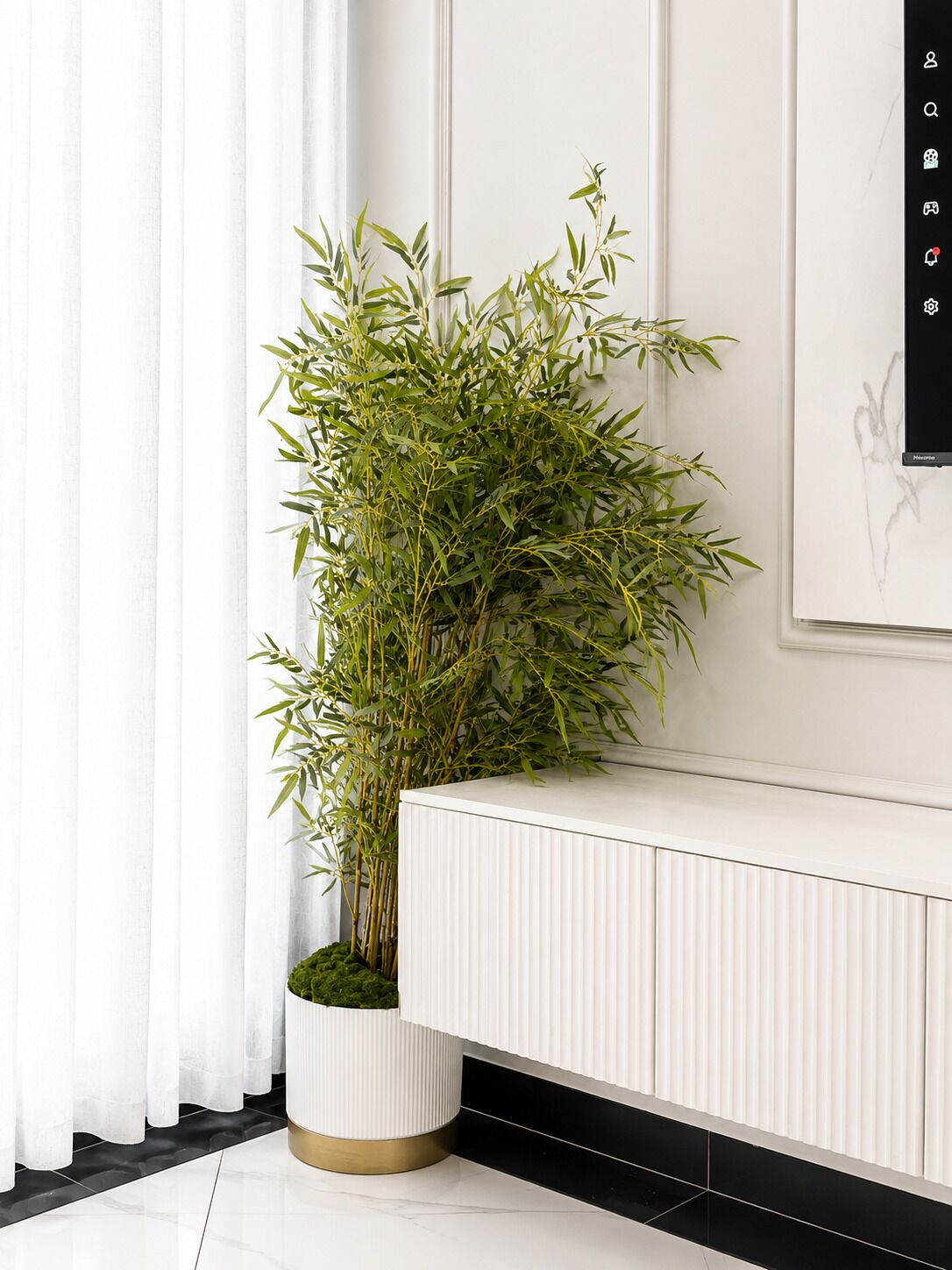 Un intérieur moderne avec une console blanche, une grande plante en pot et un rideau blanc.