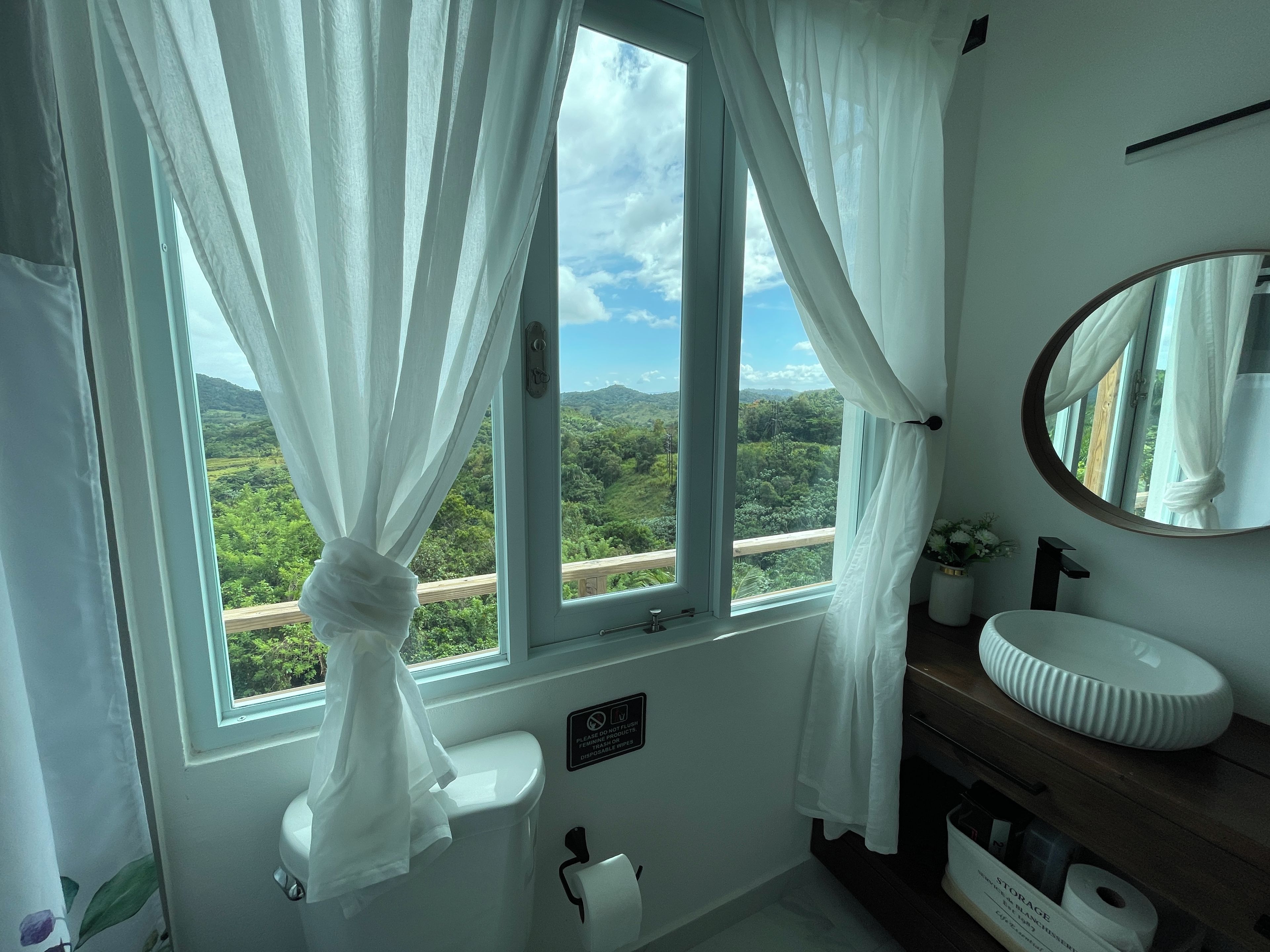 A bathroom with a toilet, sink, and a window with curtains.