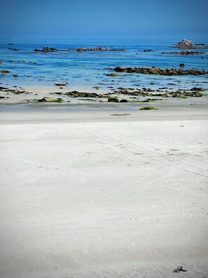 Ein Strand mit klarem, blauem Wasser, verstreuten Felsen und einem Boot.