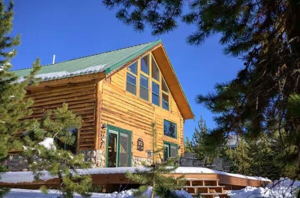 A wooden cabin with a green roof, surrounded by snow and pine trees.