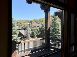 Ein Balkon mit Holzgeländer mit Blick auf ein Wohngebiet mit Häusern und Bäumen.