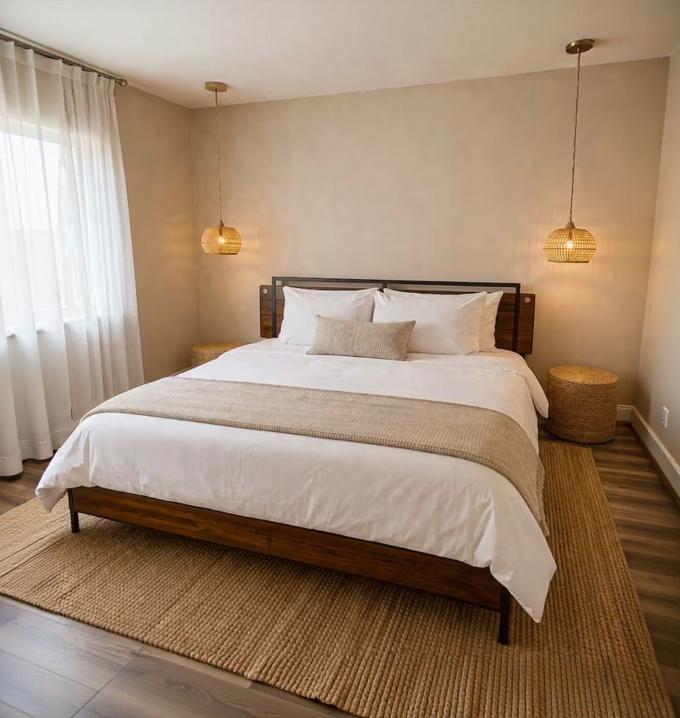 A bedroom with a large bed, two hanging lamps, a round ottoman, and a window with curtains.