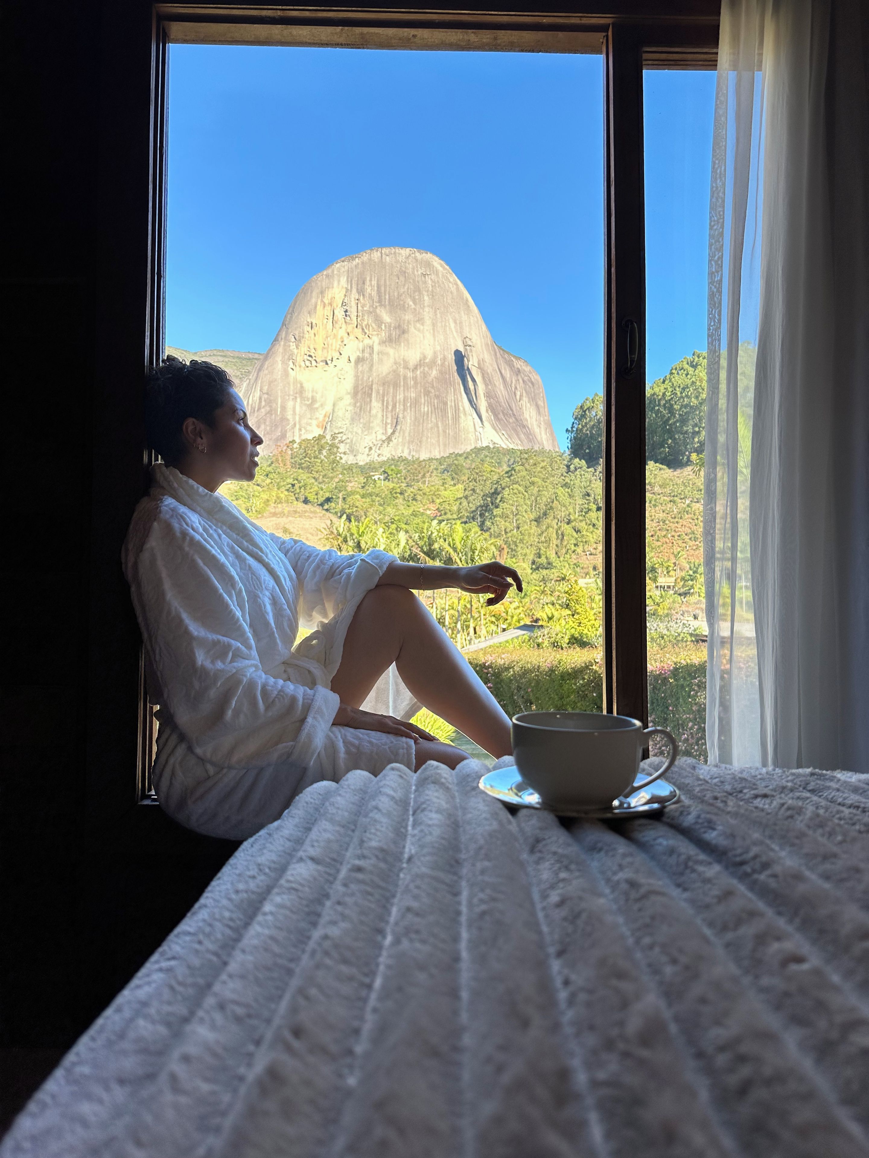 Una persona sentada junto a una ventana con vista a una gran formación rocosa.