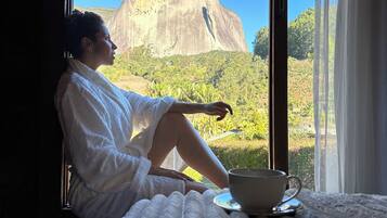 Una persona sentada junto a una ventana con vista a una gran formación rocosa.
