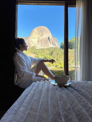Una persona sentada junto a una ventana con vista a una gran formación rocosa.