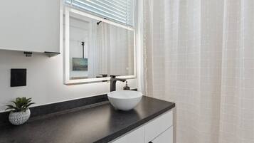 A modern bathroom with a white sink, dark countertop, and a potted plant.