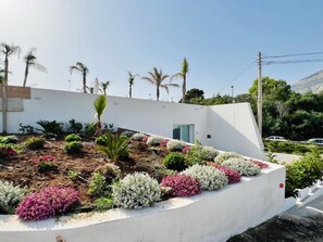 Um edifício moderno com fachada branca, um jardim ajardinado com arbustos e flores variadas, e um céu claro.