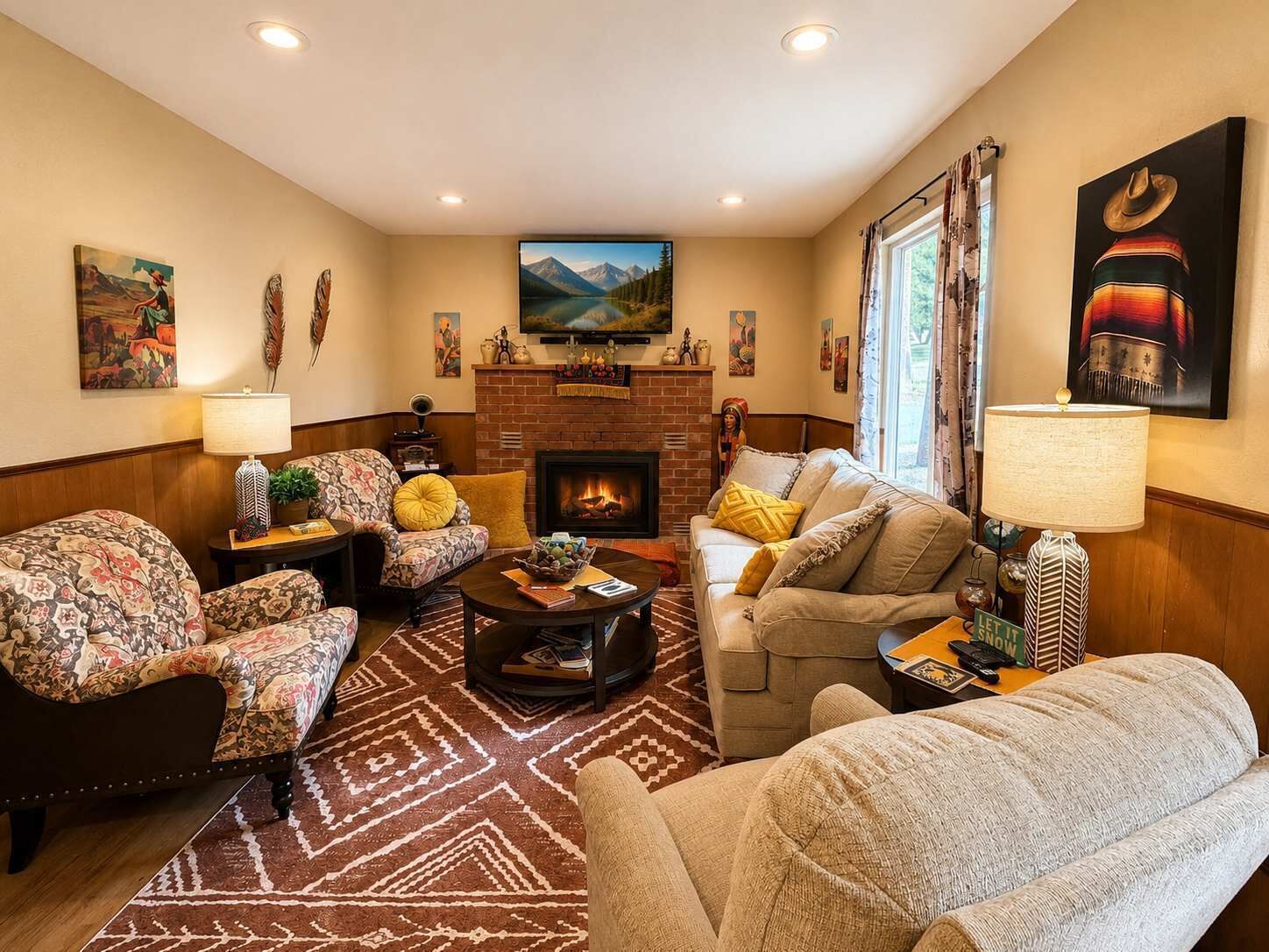 A cozy living room with a fireplace, comfortable seating, and artwork on the walls.