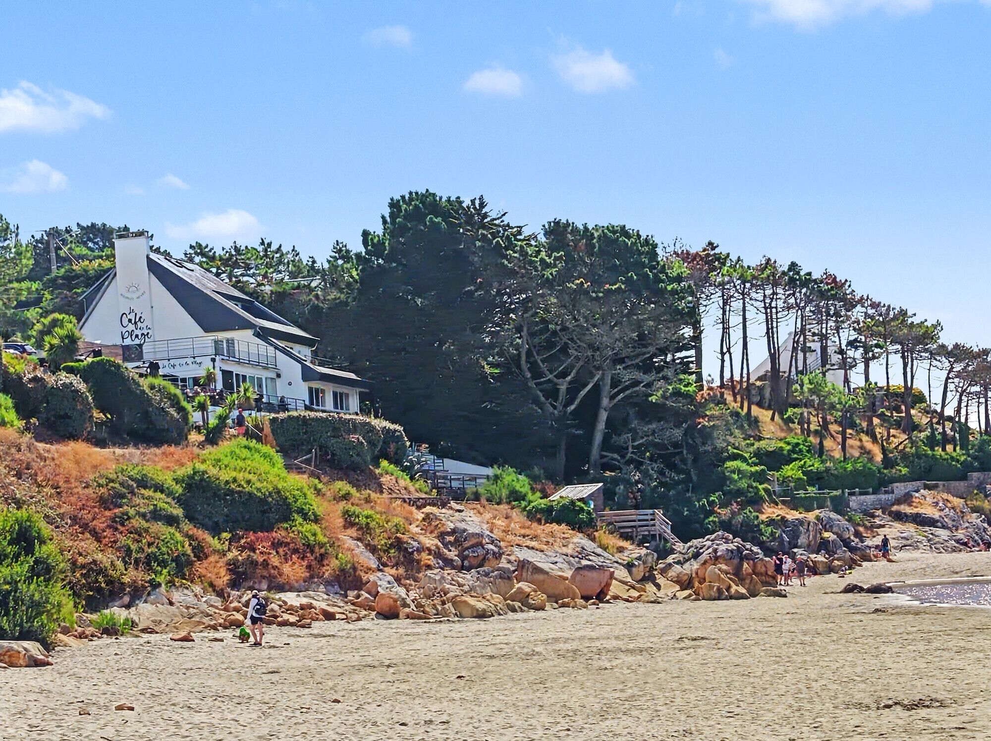 Uma propriedade costeira com uma casa grande, praia de pedras e árvores densas.