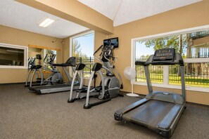 Ein Fitnessraum mit Laufbändern, Crosstrainern und einem Ventilator.