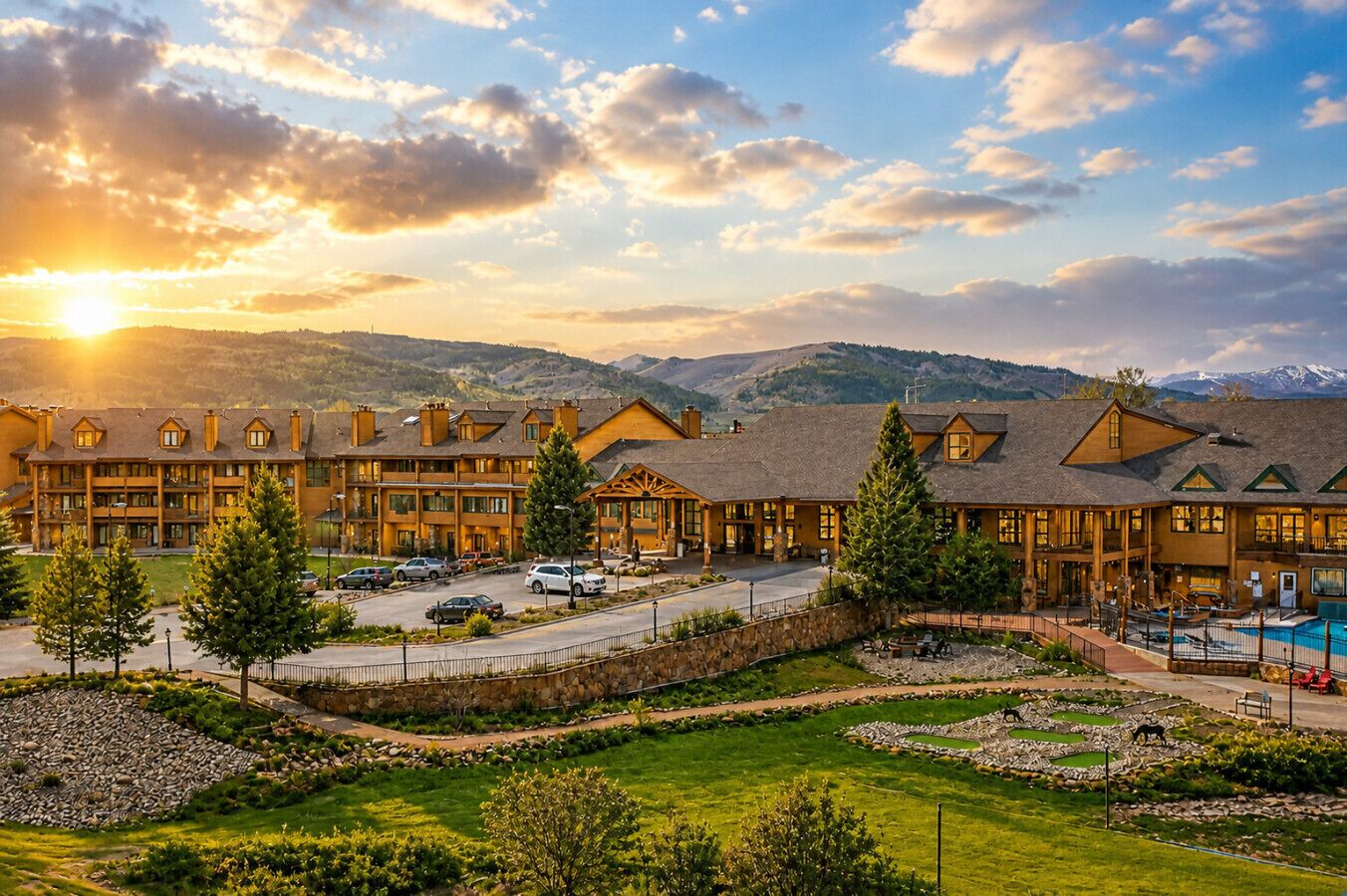 A hotel with multiple buildings, a swimming pool, and a parking area.