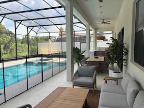 A covered outdoor area with a pool, seating, and a view of the outdoors. - 15 BD/ 16.5 BA/ Sonoma Resort (4231 SB) (Kissimmee)