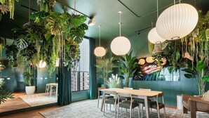Quarto com mesa de jantar, cadeiras, plantas penduradas e luminárias pendentes.
