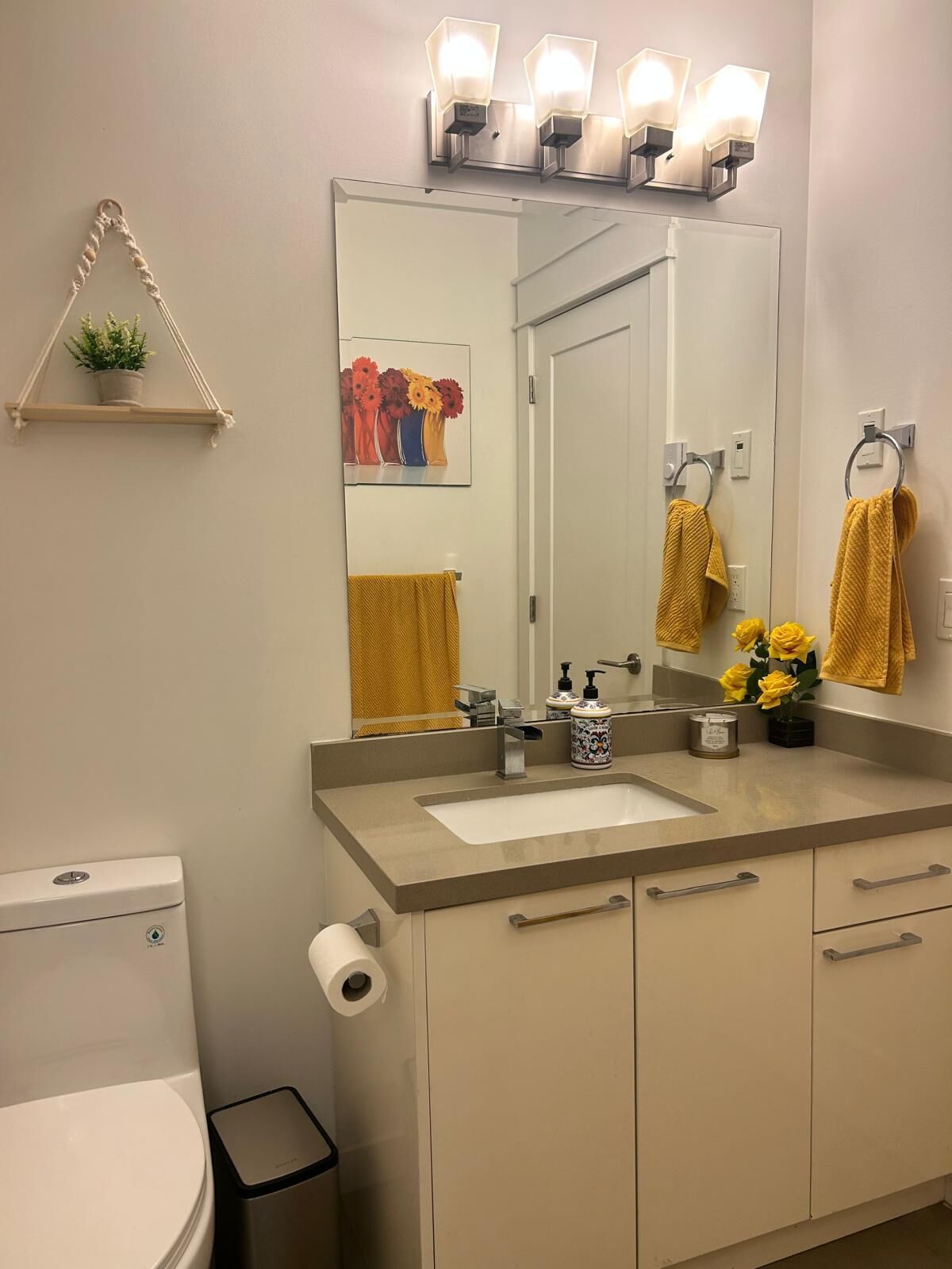 Hair dryer, bidet, towels, soap