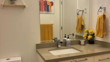 Hair dryer, bidet, towels, soap