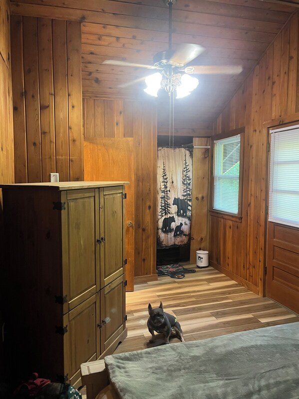 A wooden-paneled room with a ceiling fan, a cabinet, a window with blinds, and a dog on a rug.