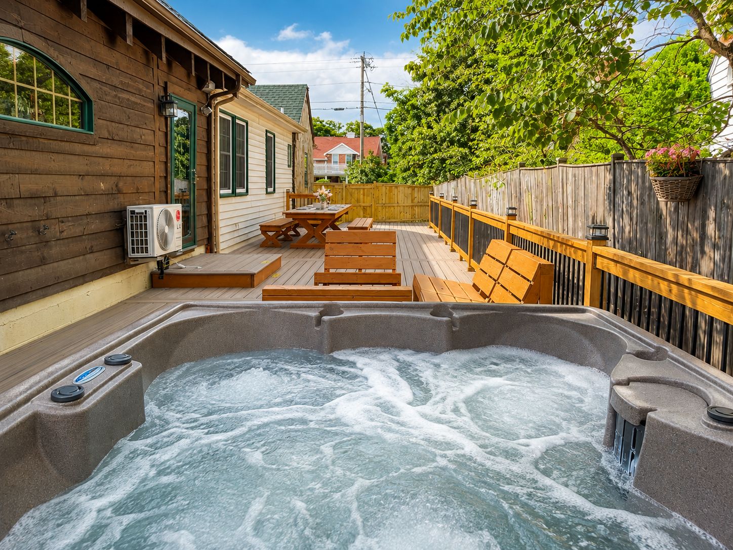A hot tub with a wooden deck and outdoor furniture, surrounded by a wooden fence and trees.
