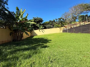 Un patio cubierto de césped con un muro amarillo, una palmera y una valla de madera.