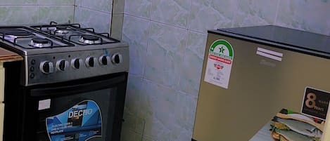 A kitchen with a gas stove, an electric oven, and a refrigerator.