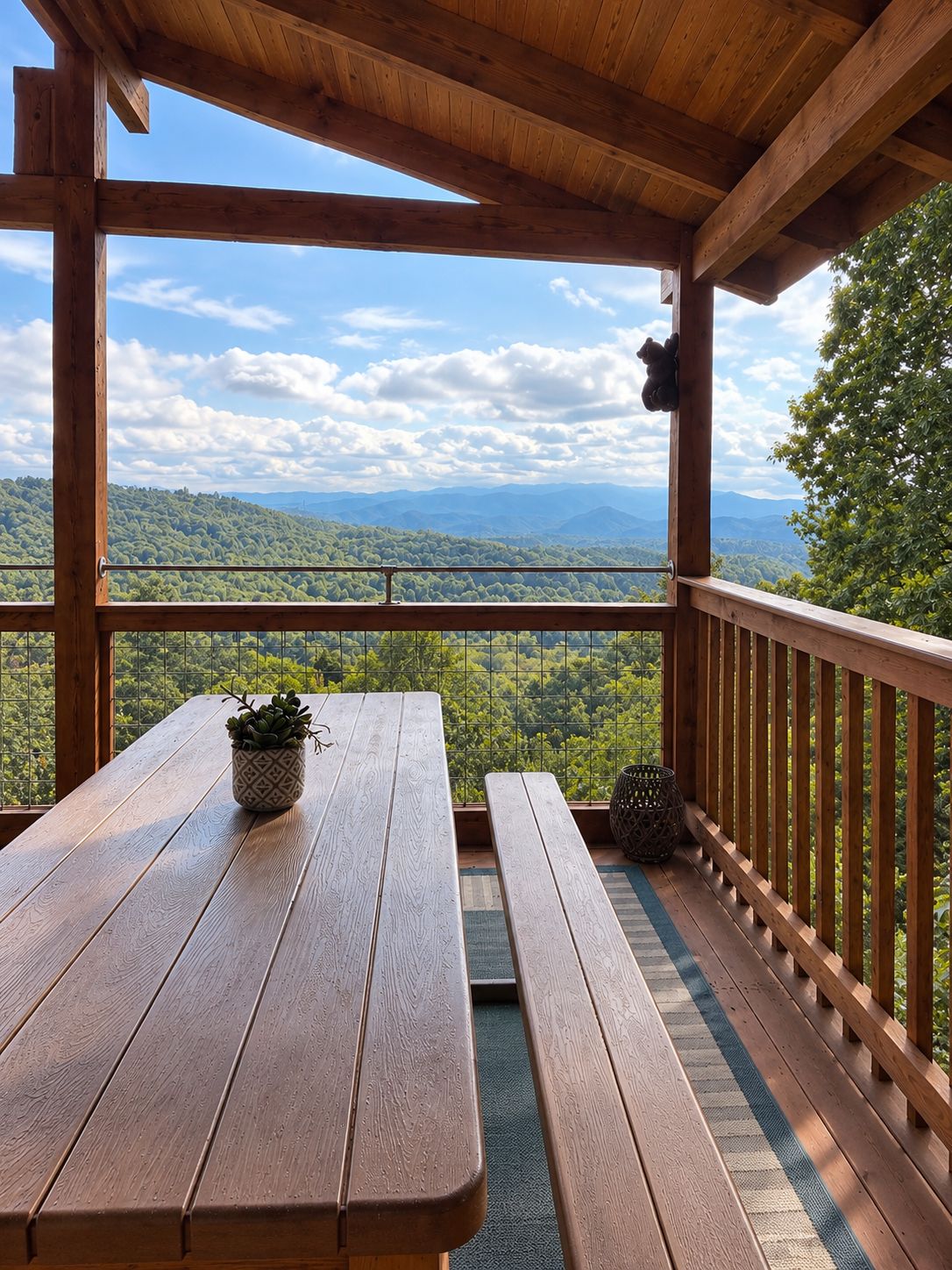 Una terraza de madera con una mesa de picnic y bancos con vista a un paisaje boscoso.