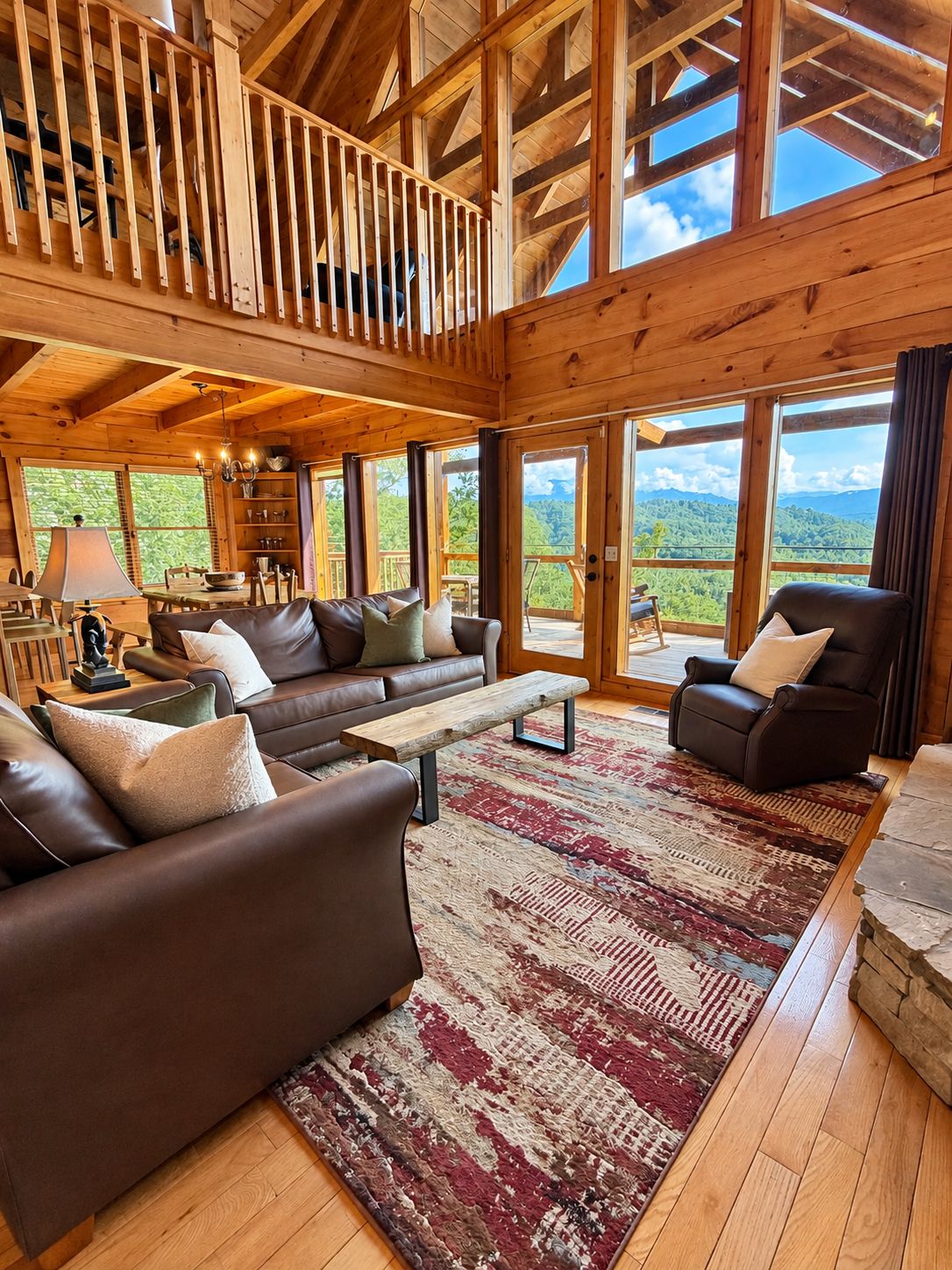 A spacious living area with a high ceiling, wooden beams, and large windows offering a view of the outdoors.