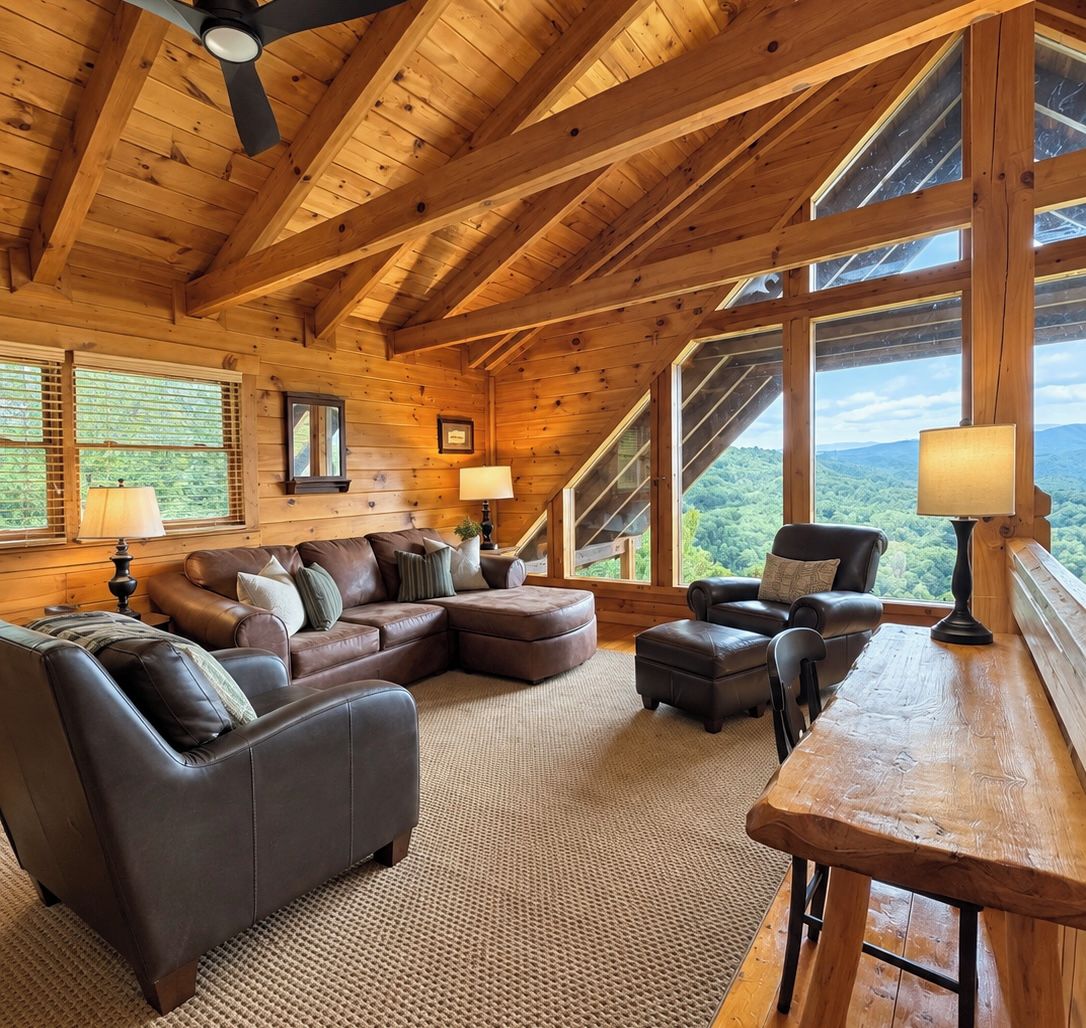 Ein gemütliches Blockhaus-Interieur mit einer Eckcouch, einem kleinen Tisch und Blick auf den Wald durch große Fenster.