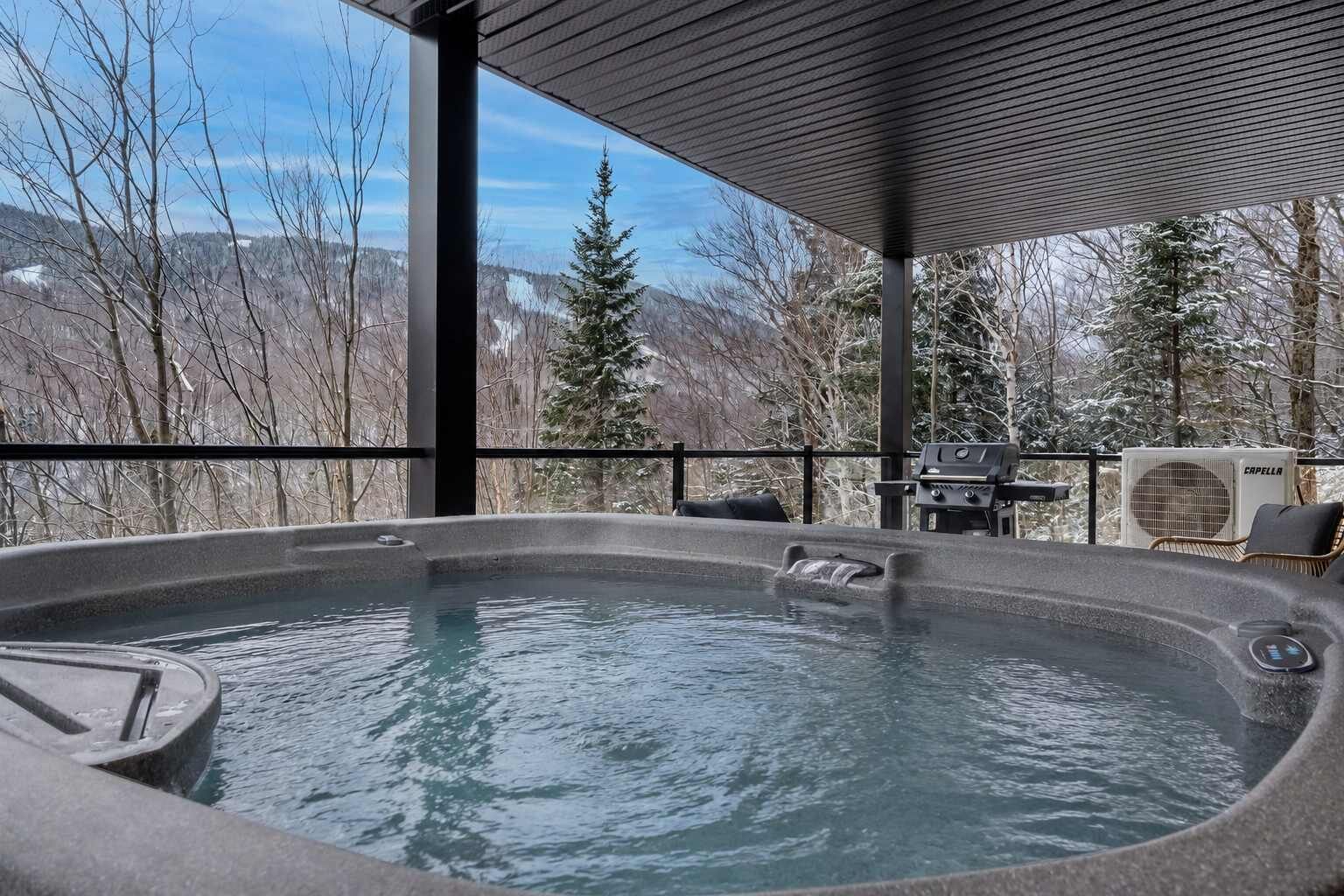 A hot tub with a view of snow-covered trees and mountains.