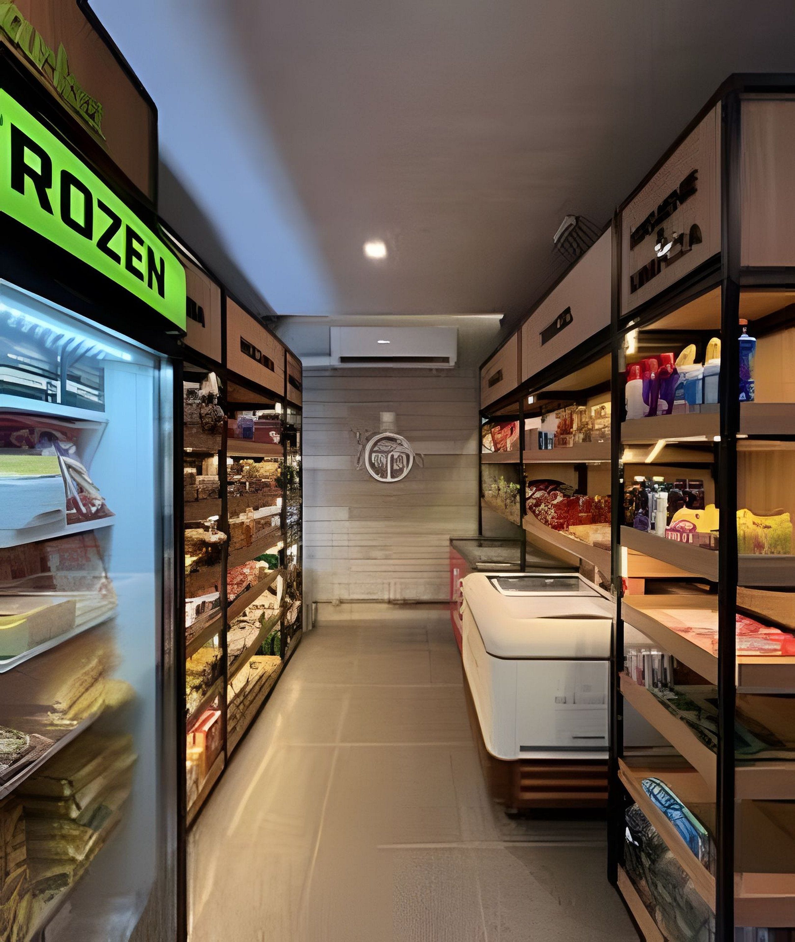 Interior de una tienda con estantes llenos de diversos productos, una sección de congelados y un logotipo central en la pared.