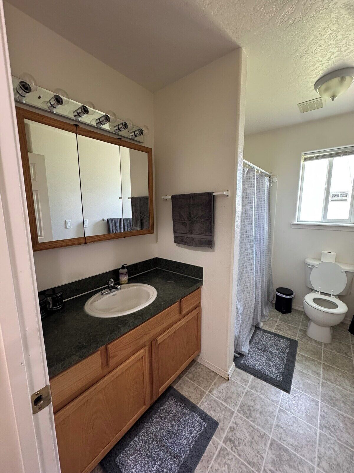 A bathroom with a sink, mirror, and toilet.