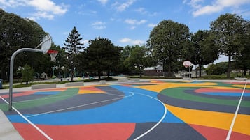 En utomhusbasketplan med en färgstark design, omgiven av träd och en klar himmel.
