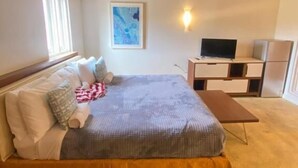 Quarto com cama, televisão, escrivaninha e cadeira.