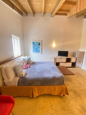 A bedroom with a bed, a television, a desk, and a chair. - Arco Iris Casa de Campo  (Santa Cruz)