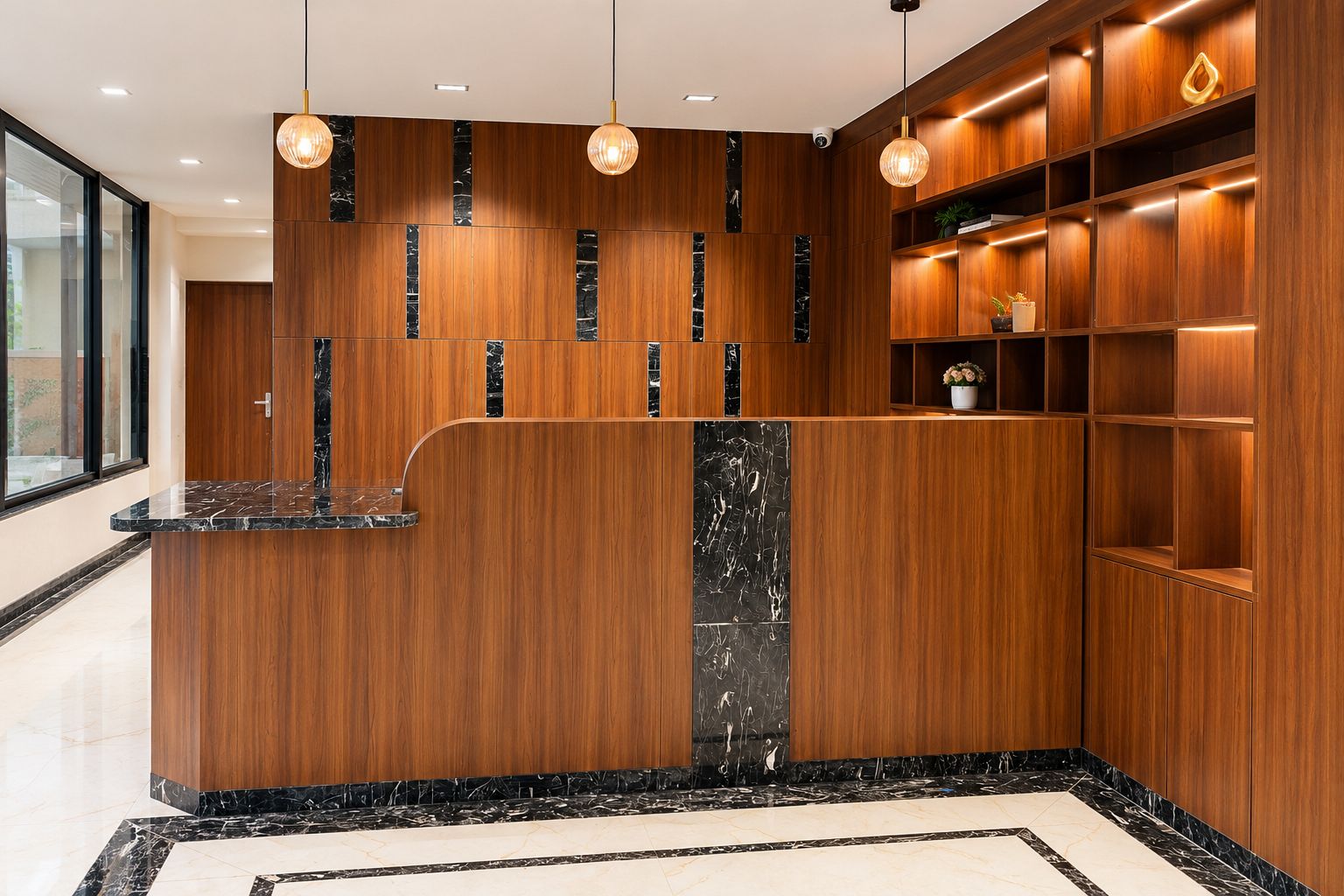 Zona de recepción con mostrador de madera, detalles de mármol, iluminación colgante y estanterías empotradas con objetos decorativos.