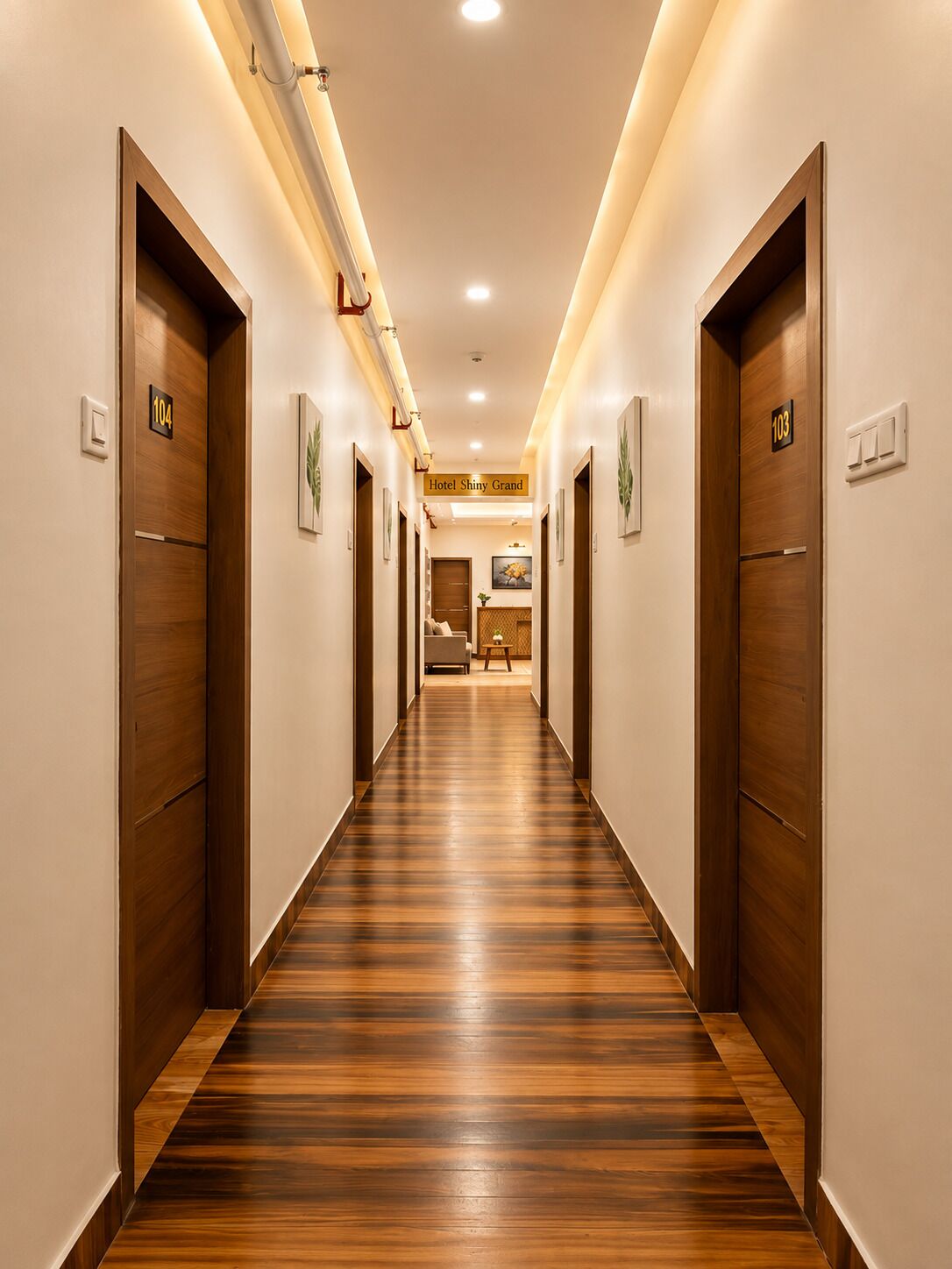 A hotel hallway with wooden doors numbered 104 and 103, leading to a reception area.