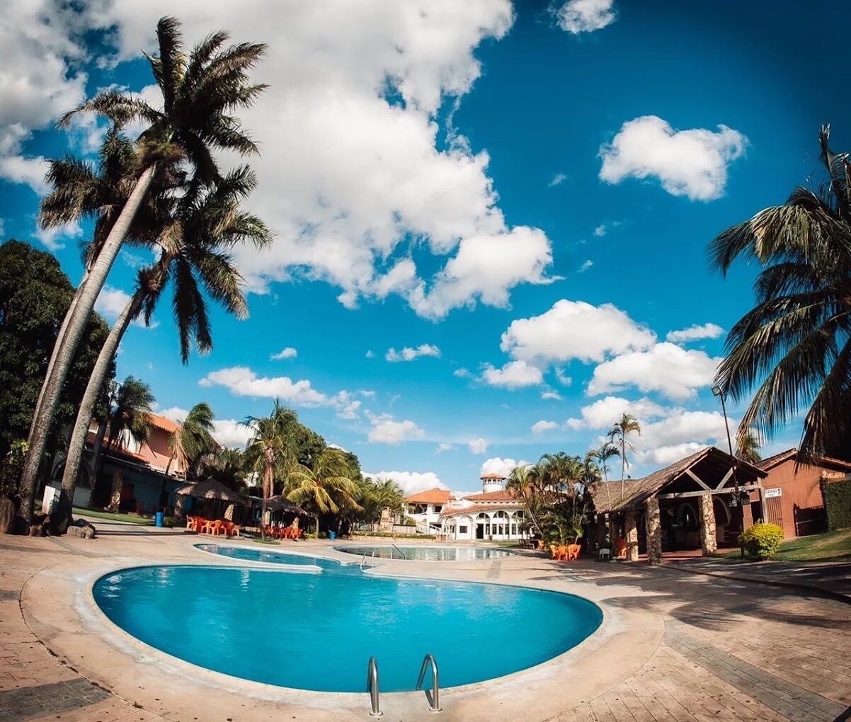 Une piscine entourée de palmiers et de bâtiments, avec un ciel bleu dégagé au-dessus.