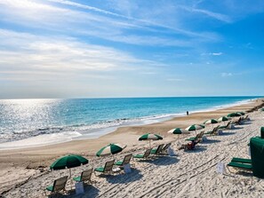 A beach with rows of sun loungers and umbrellas, a clear sky, and the ocean.