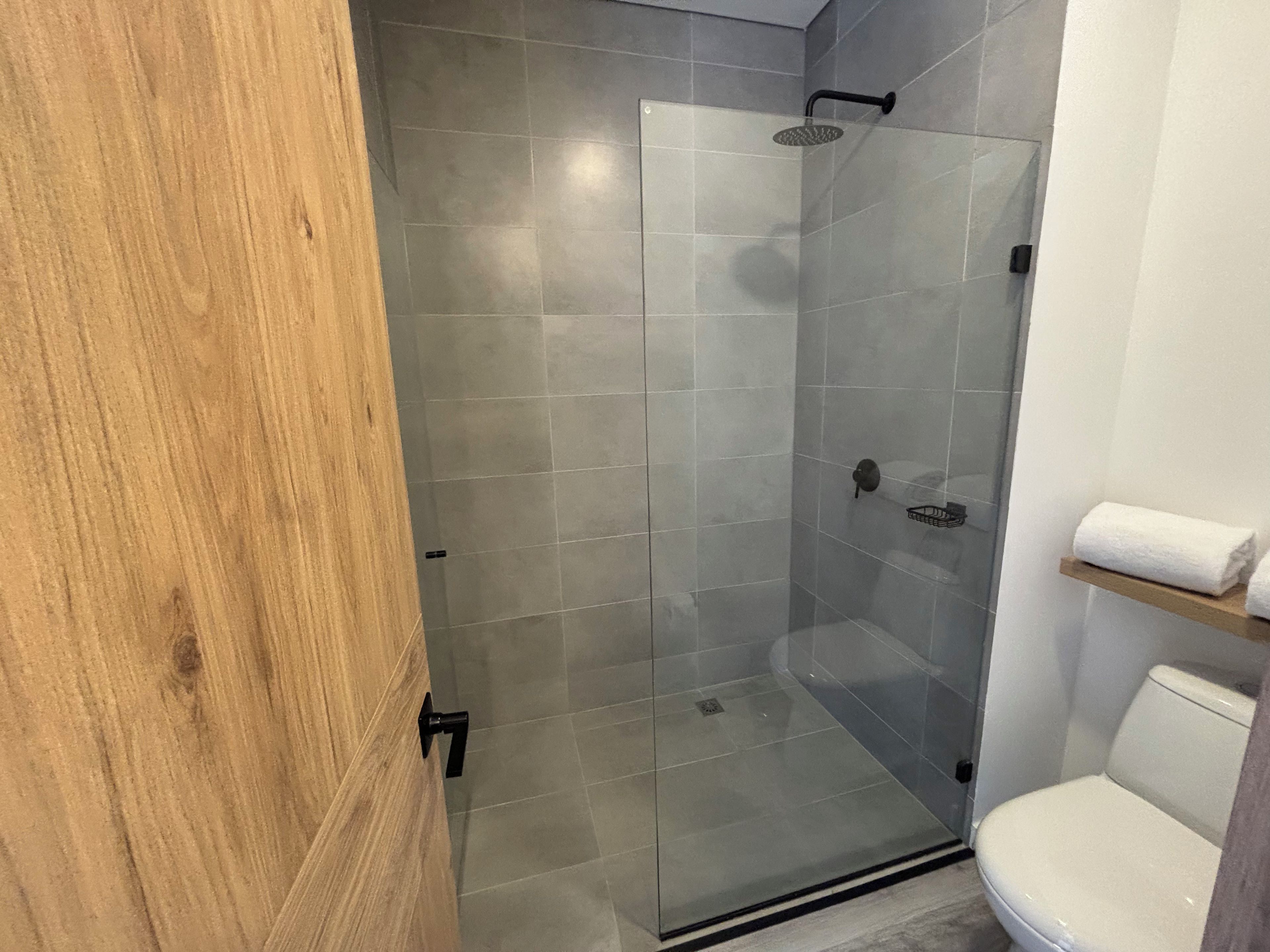 Un baño moderno con ducha envuelta en vidrio, inodoro y puerta de madera.