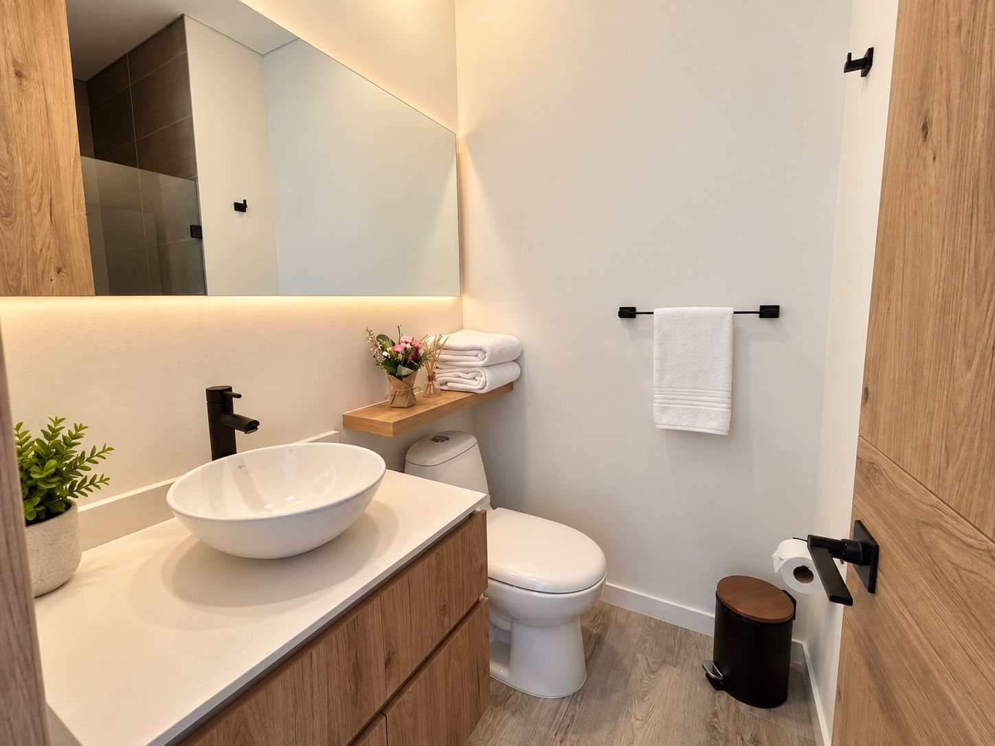 Une salle de bain moderne avec un lavabo blanc, des toilettes et un miroir.