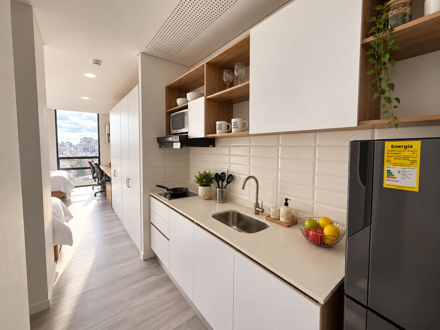 Una cocina moderna con armarios blancos, un lavamanos de acero inoxidable y un refrigerador negro.