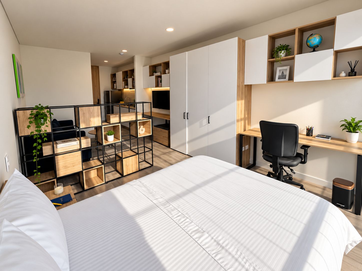 Un dormitorio moderno con cama, escritorio y zona de kitchenette.