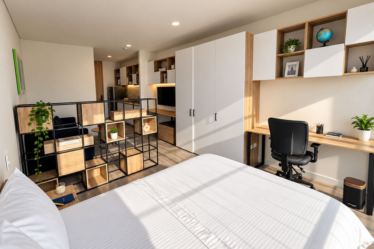 Quarto moderno com cama, escrivaninha e área de cozinha compacta.