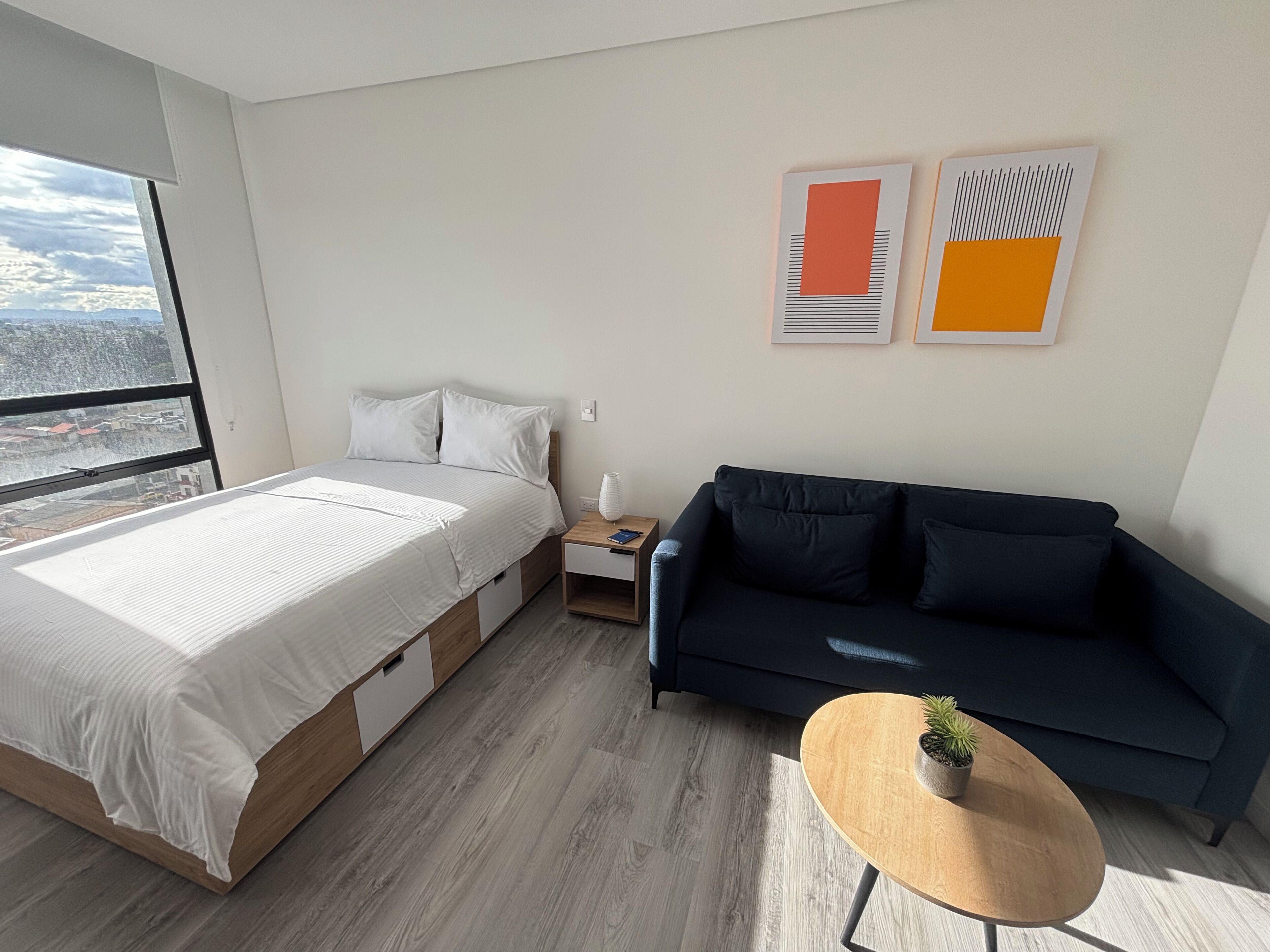 A modern bedroom with a bed, a dark sofa, a small table with a plant, and artwork on the wall.