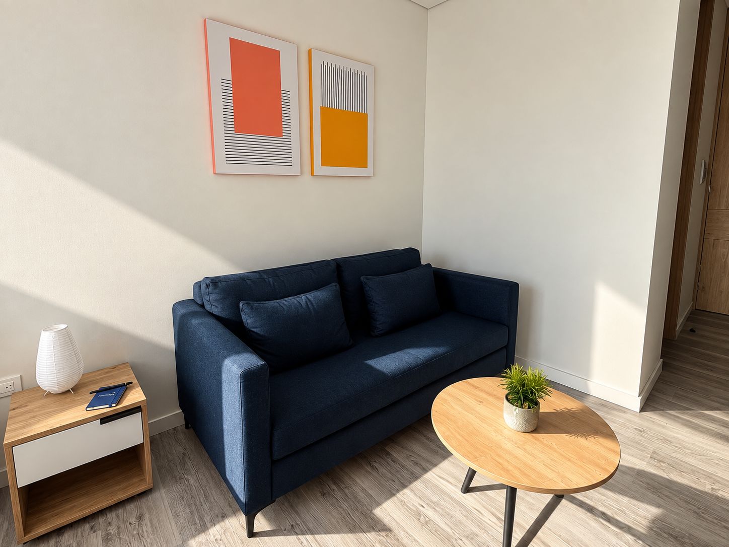 Una sala moderna con un sofá azul oscuro, una mesita de madera, una mesa de centro redonda de madera y dos cuadros abstractos en la pared.