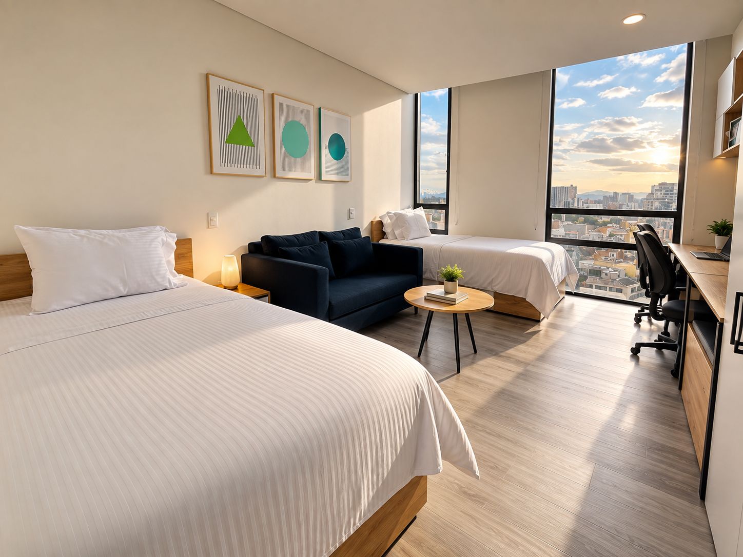 A hotel room with two beds, a sofa, a desk, and a view of the city.