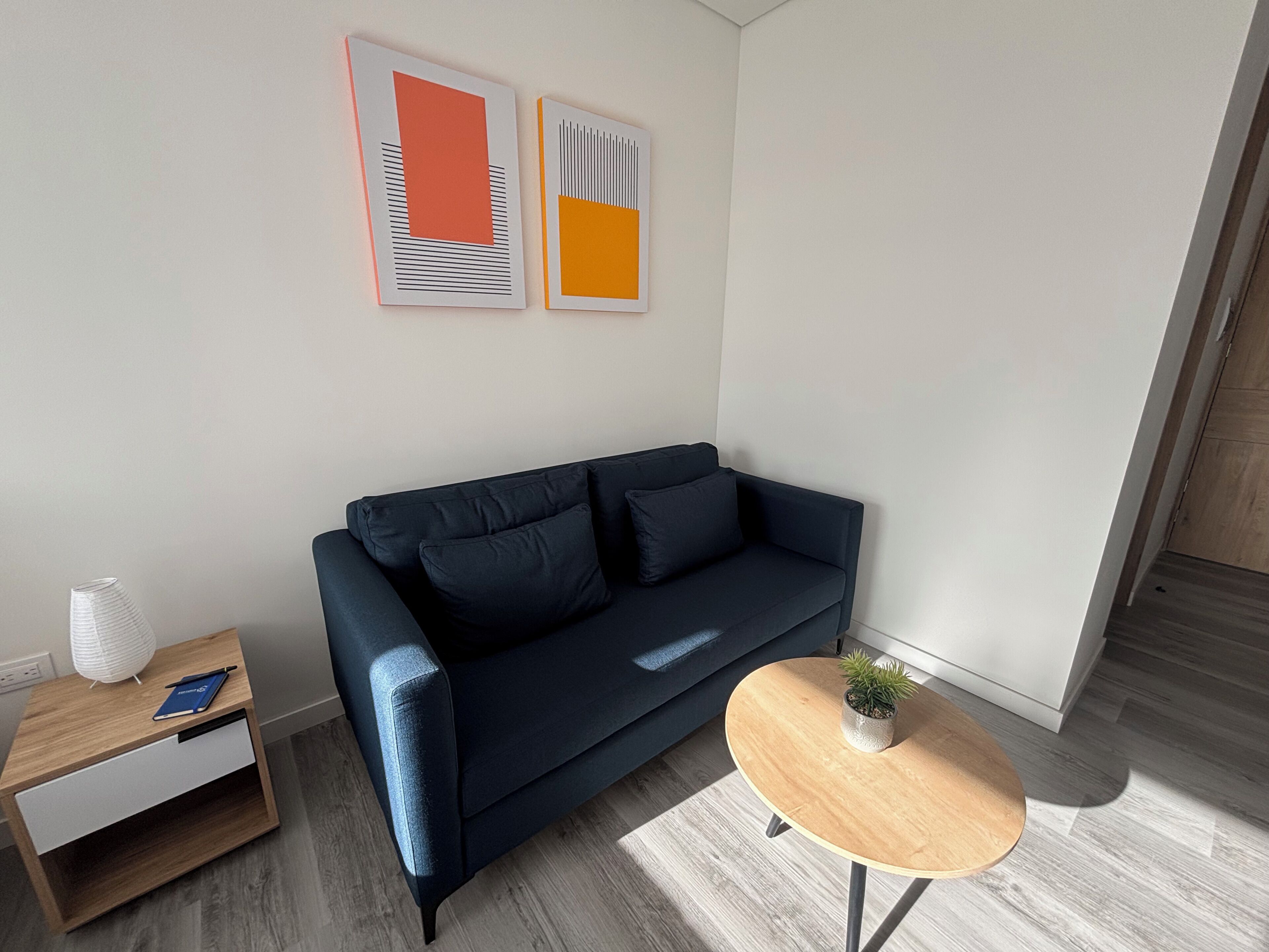 A modern living room with a dark blue sofa, a small wooden side table with a plant, and two abstract paintings on the wall.