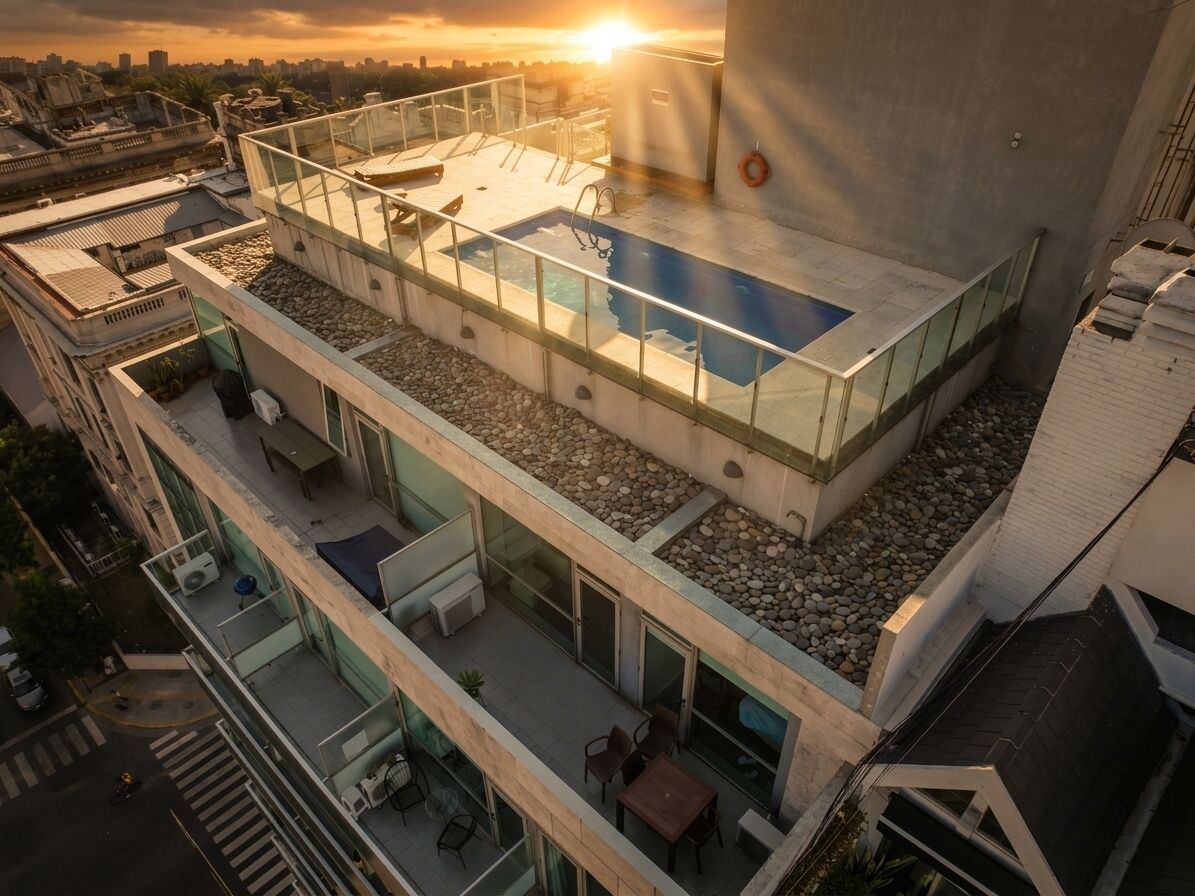 Ein Pool auf dem Dach mit Glasgeländern, einer Sitzecke und Blick auf die Stadtlandschaft.